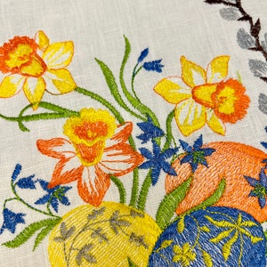 Puede incluir: Dise&ntilde;o de Pascua bordado con flores amarillas, naranjas y azules, hojas verdes y tres huevos de Pascua coloridos. El texto "Христос" est&aacute; bordado en hilo azul en la parte superior del dise&ntilde;o.