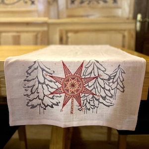 Embroidered pink linen Christmas table runner