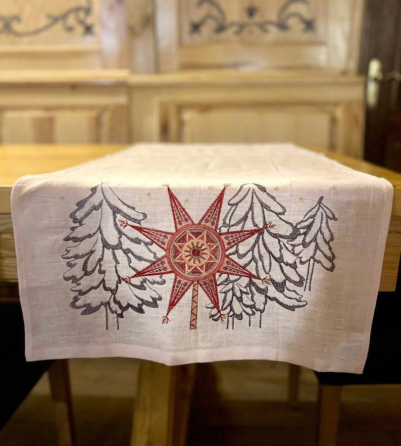 Embroidered pink linen Christmas table runner