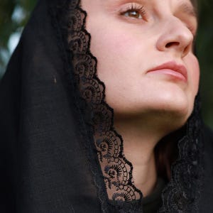 Black lace trim chapel veil scarf mantilla, Modest head covering for church, Orthodox catholic mass, Lightweight linen look prayer shawl