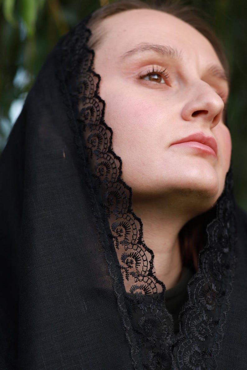 Black lace trim chapel veil scarf mantilla, Modest head covering for church, Orthodox catholic mass, Lightweight linen look prayer shawl