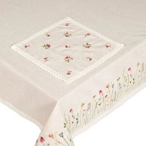 May include: Beige linen tablecloth with embroidered floral details. Features a square embroidered centerpiece with pink flowers and a delicate lace trim. The edges are adorned with embroidered wildflowers.