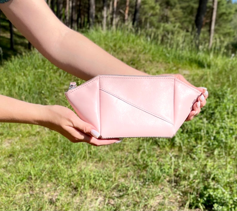 Blush pink vegan leather makeup bag, Zipper cosmetic pouch with lining & pockets, Origami side design, Travel organizer, Bridesmaid gift