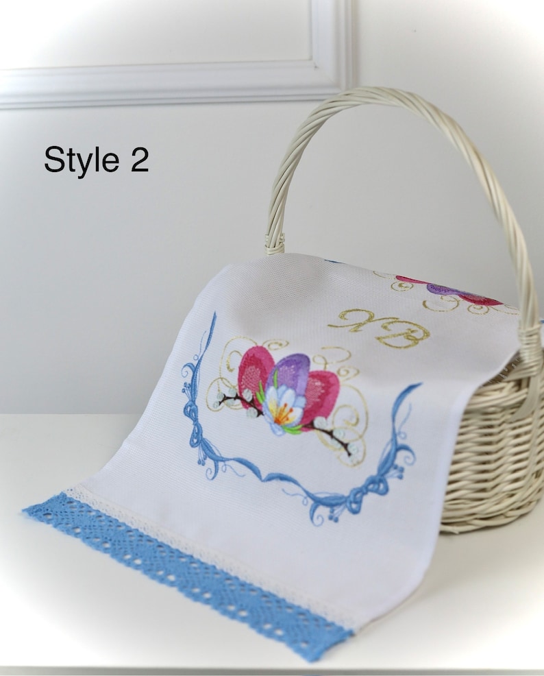 Orthodox Easter Basket Cover Towel with XB Embroidery, Lace Trim, Floral Eggs and Pussy Willow, Slavic Rushnyk for Blessing & Decor