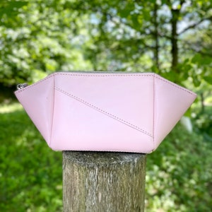 Handmade blush pink leather cosmetic bag