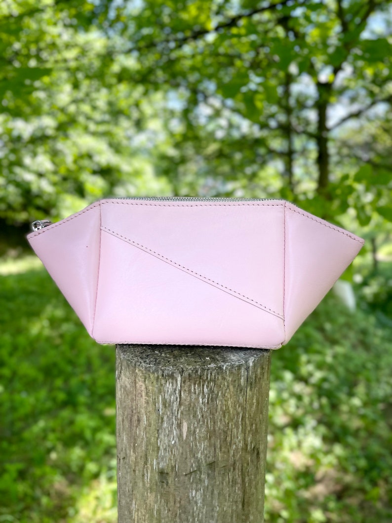 Handmade blush pink leather cosmetic bag