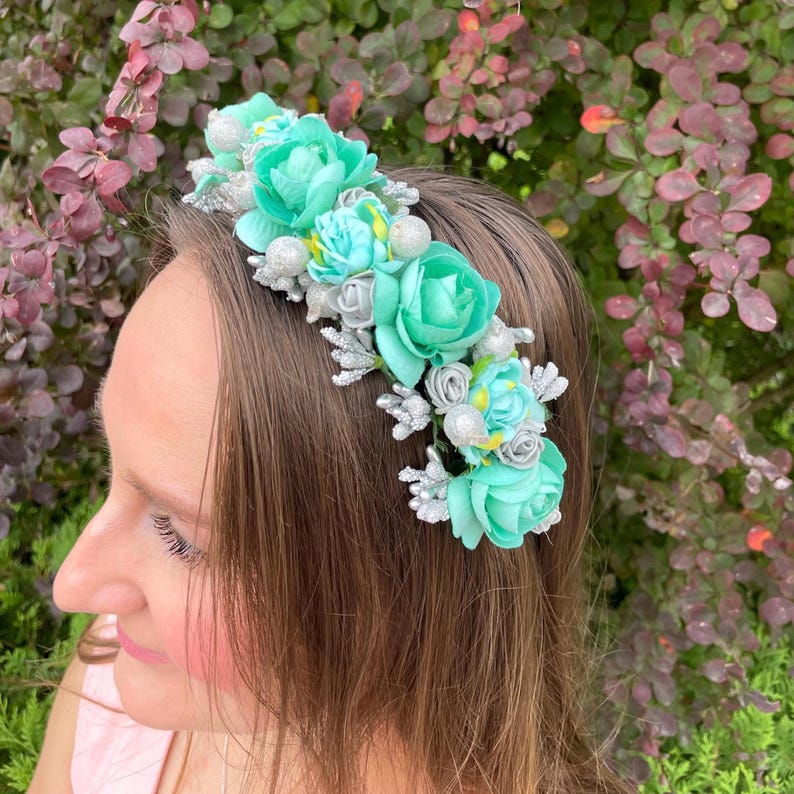 Mint Green Floral Headband with Silver Accents, Handmade Flower Crown Hair Accessory for Girls, Bridesmaids, Weddings, Photoshoots