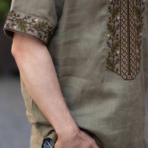 Men’s Olive Linen Vyshyvanka Shirt, Short Sleeve Ukrainian Embroidered Top with Stand Collar and Tassel Ties, Traditional Folk Gift