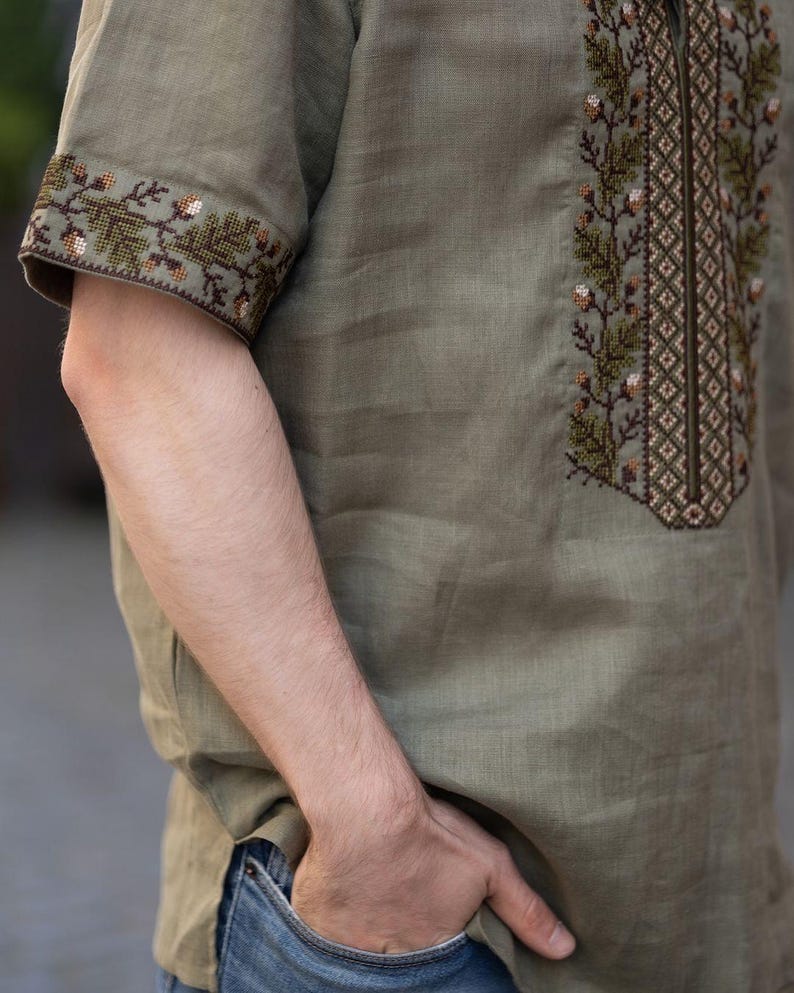 Men’s Olive Linen Vyshyvanka Shirt, Short Sleeve Ukrainian Embroidered Top with Stand Collar and Tassel Ties, Traditional Folk Gift