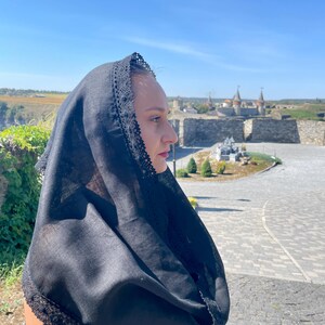 Black chapel veil mantilla snood with crochet lace trim, Modest head covering for orthodox church, Catholic mass, Funeral or prayer shawl