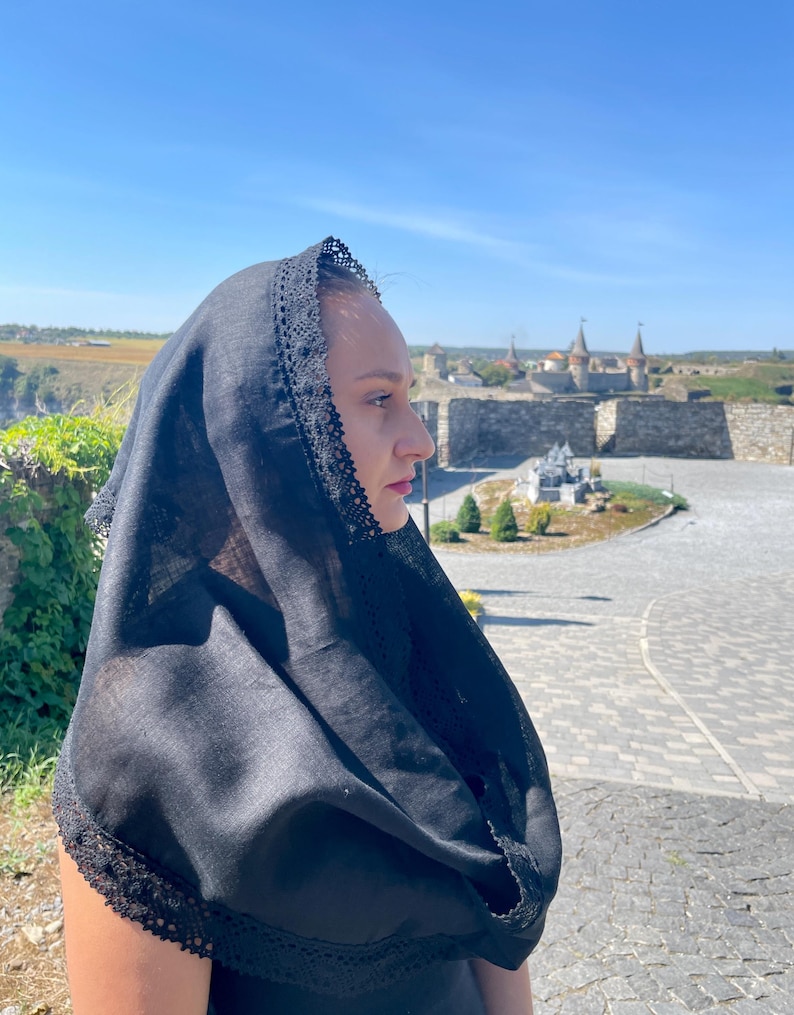 Black chapel veil mantilla snood with crochet lace trim, Modest head covering for orthodox church, Catholic mass, Funeral or prayer shawl