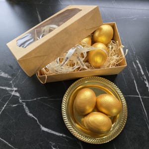 Hand painted gold decorative eggs, Handmade seasonal decor, Symbolic spring home accent, Modern rustic display