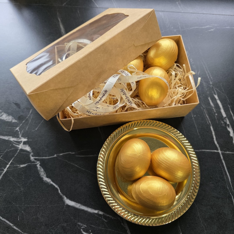 Hand painted gold decorative eggs, Handmade seasonal decor, Symbolic spring home accent, Modern rustic display