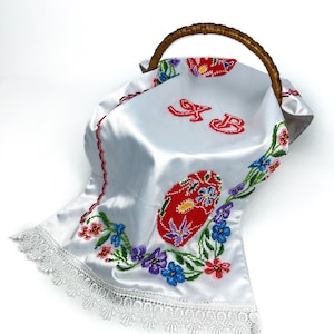 Beaded Satin Easter Basket Cover with Floral Embroidery and Red Pysanka Design, Handcrafted Christian Holiday Decor with Cyrillic Letters