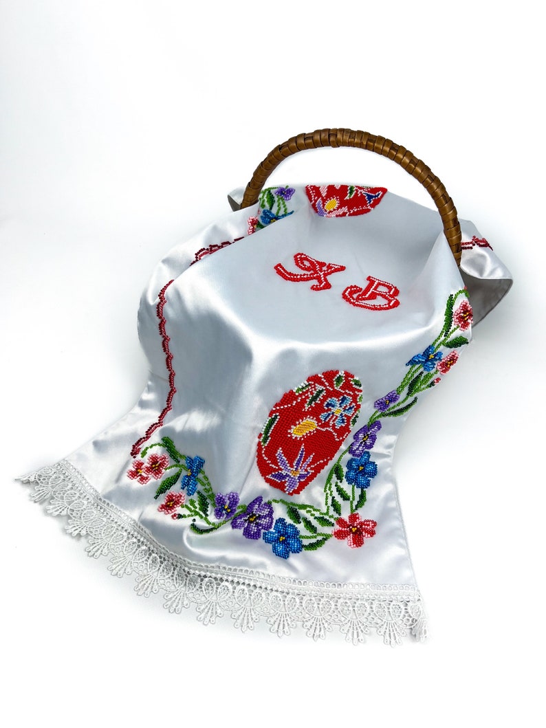 Beaded Satin Easter Basket Cover with Floral Embroidery and Red Pysanka Design, Handcrafted Christian Holiday Decor with Cyrillic Letters