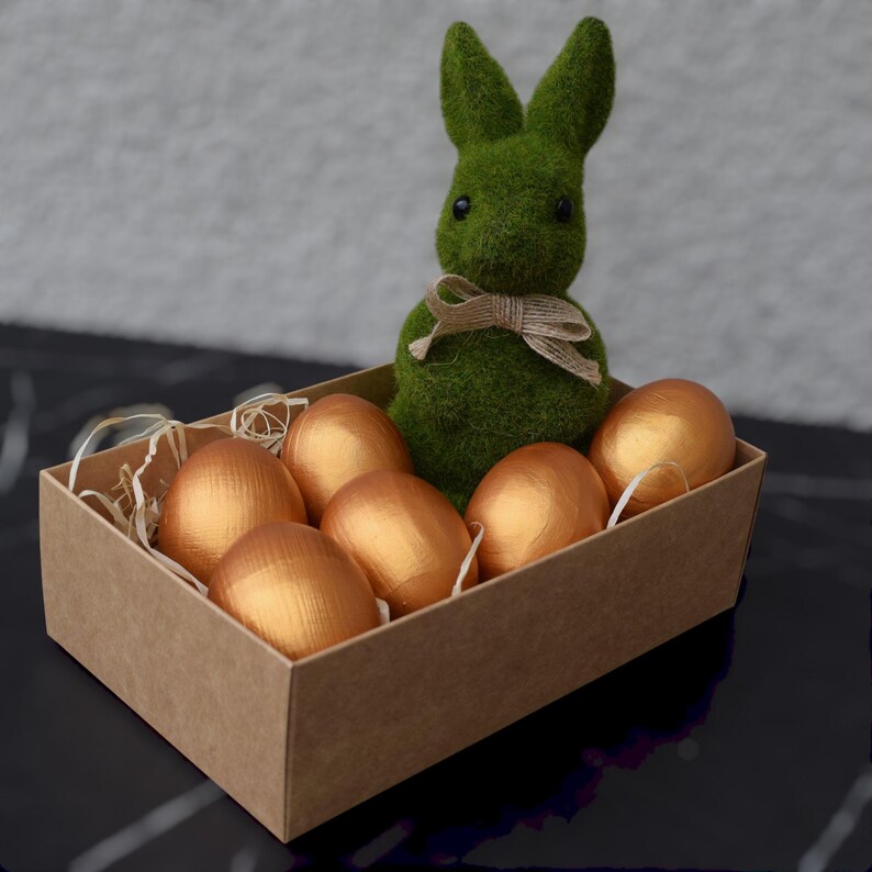 Set of 6 decorative wooden eggs hand painted in shiny gold finish