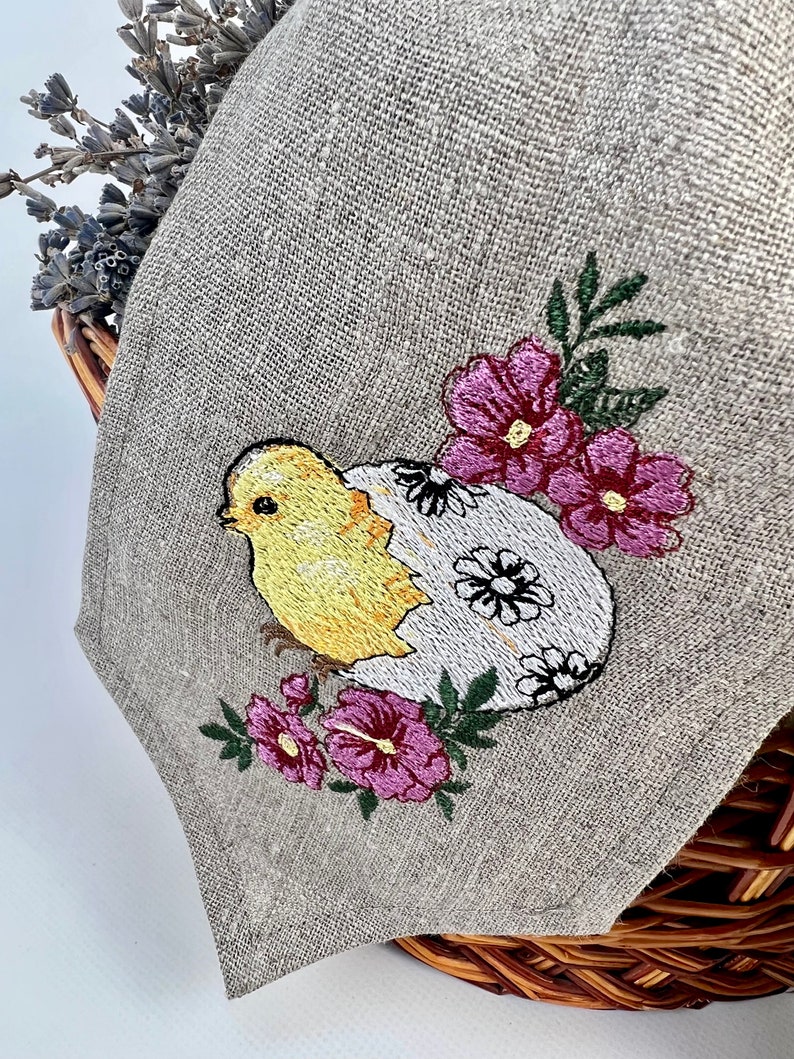 Easter basket linen bow with embroidered bunny