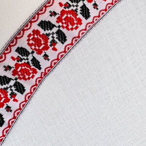 White Linen Hooded Chapel Veil with Ukrainian Red Black Floral Trim, Traditional Mantilla Head Covering with Ties for Church and Prayer