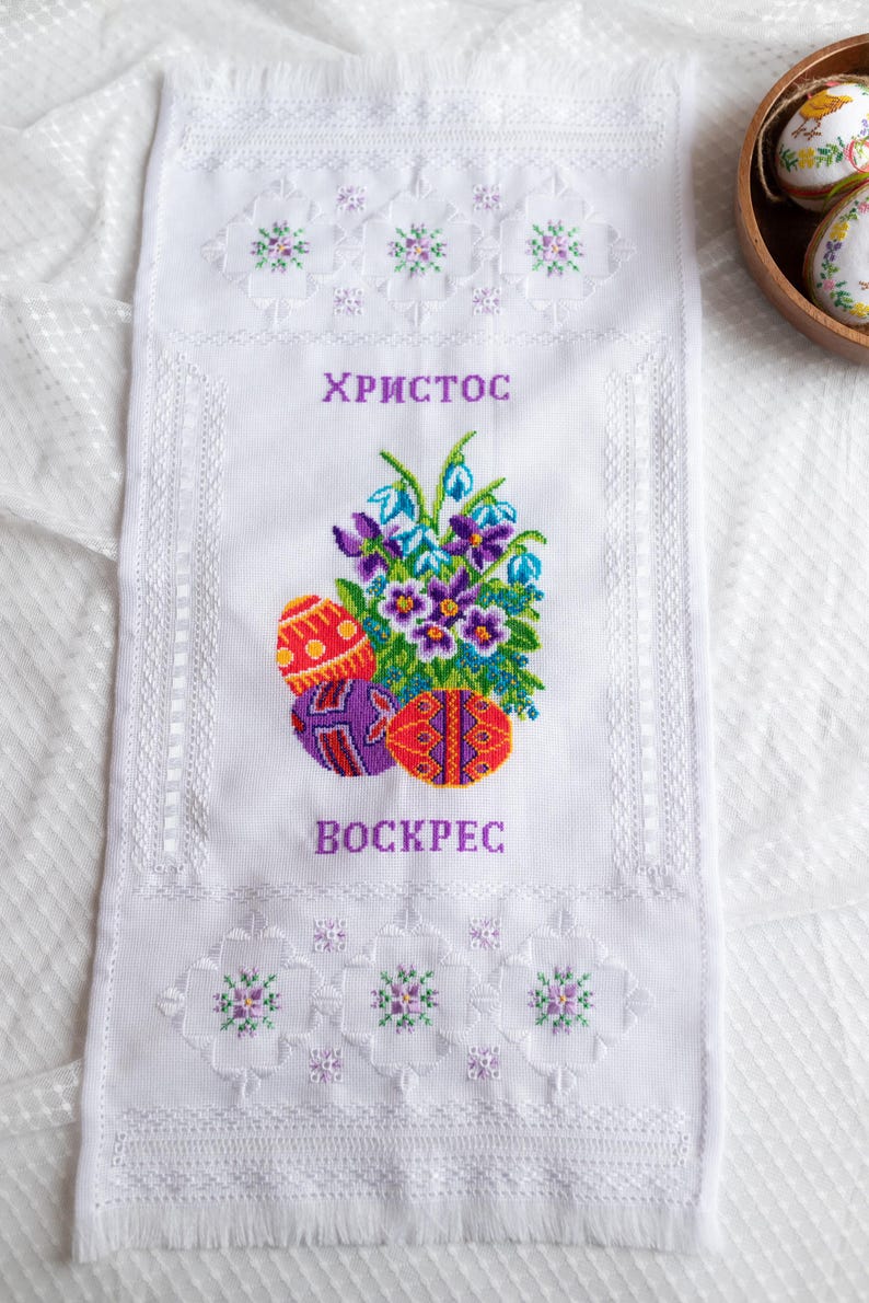 Orthodox Easter Basket Cover Rushnyk – White Lace Pascha Towel with ‘Christ is Risen’ Cyrillic, Pysanky Eggs & Floral Embroidery Design
