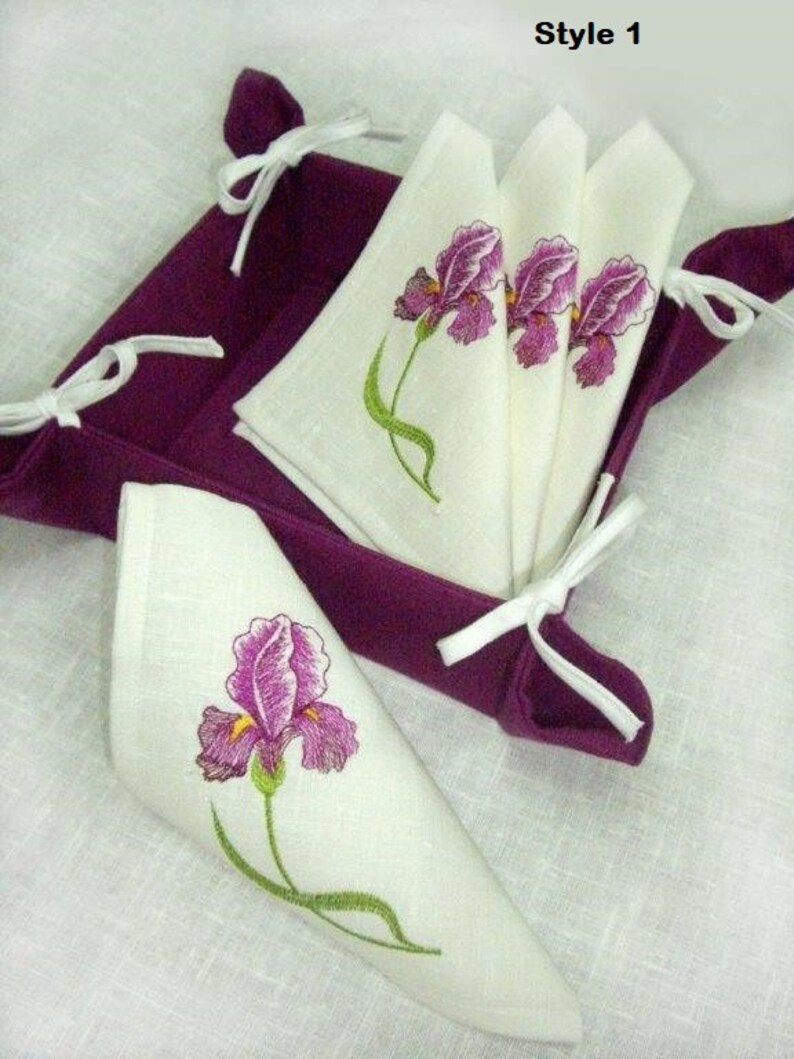 Embroidered Linen Napkins Set with Bread Basket