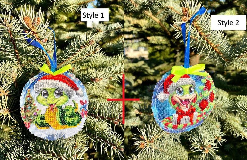 May include: Two Christmas ornaments featuring a green turtle wearing a Santa hat. The ornament on the left has a white background with a green Christmas tree and red ornaments. The ornament on the right has a blue background with red and white candy canes. The ornaments are labeled "Style 1" and "Style 2".
