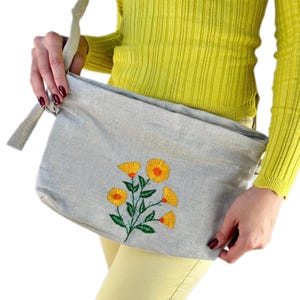 Handmade hemp crossbody bag, Embroidered floral shoulder bag, Eco-friendly hemp purse, Boho minimalist handbag, Sustainable gift for her