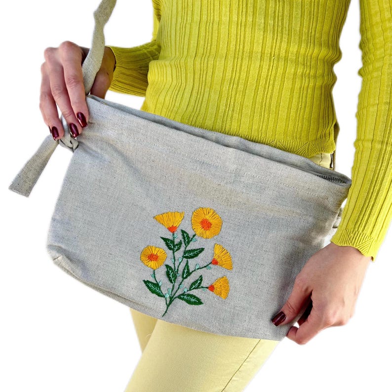 Hemp Fabric Crossbody Bag with Hand Embroidery Flowers – Eco Friendly Boho Purse, Zipper Shoulder Bag, Adjustable Strap Vegan Gift