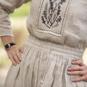 Natural Linen Midi Dress with Botanical Embroidery, 3/4 Sleeves and Elastic Waist – Oatmeal Beige Flax Dress with Pockets, Boho Cottagecore