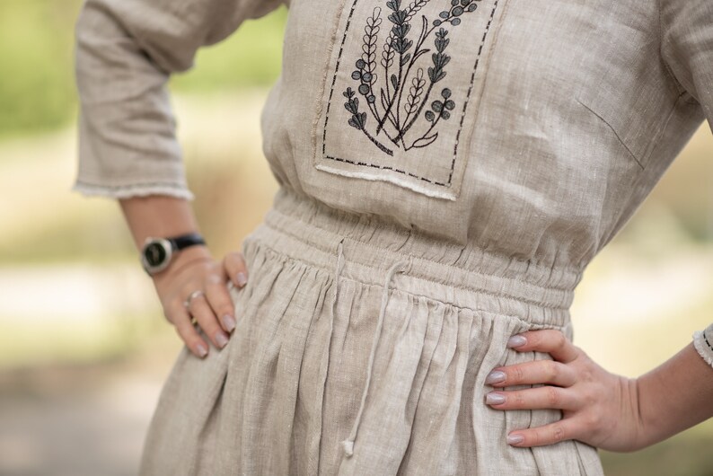 Natural Linen Midi Dress with Botanical Embroidery, 3/4 Sleeves and Elastic Waist – Oatmeal Beige Flax Dress with Pockets, Boho Cottagecore