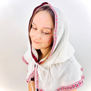 White Linen Hooded Chapel Veil with Ukrainian Red Black Floral Trim, Traditional Mantilla Head Covering with Ties for Church and Prayer