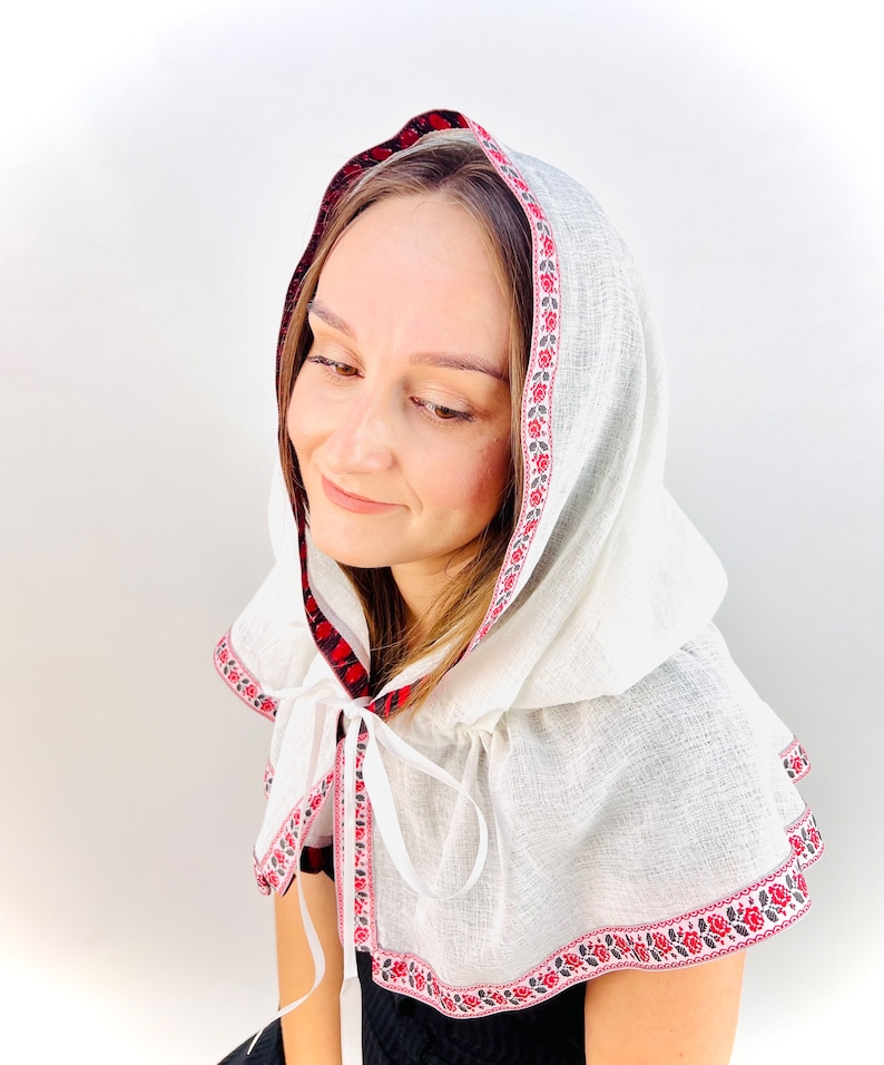 White Linen Hooded Chapel Veil with Ukrainian Red Black Floral Trim, Traditional Mantilla Head Covering with Ties for Church and Prayer