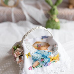 Beaded Angel Easter Basket Cover with Bunny and Birds, Handmade Cloth with Seed Bead Embroidery, Christian Holiday Blessing Decoration