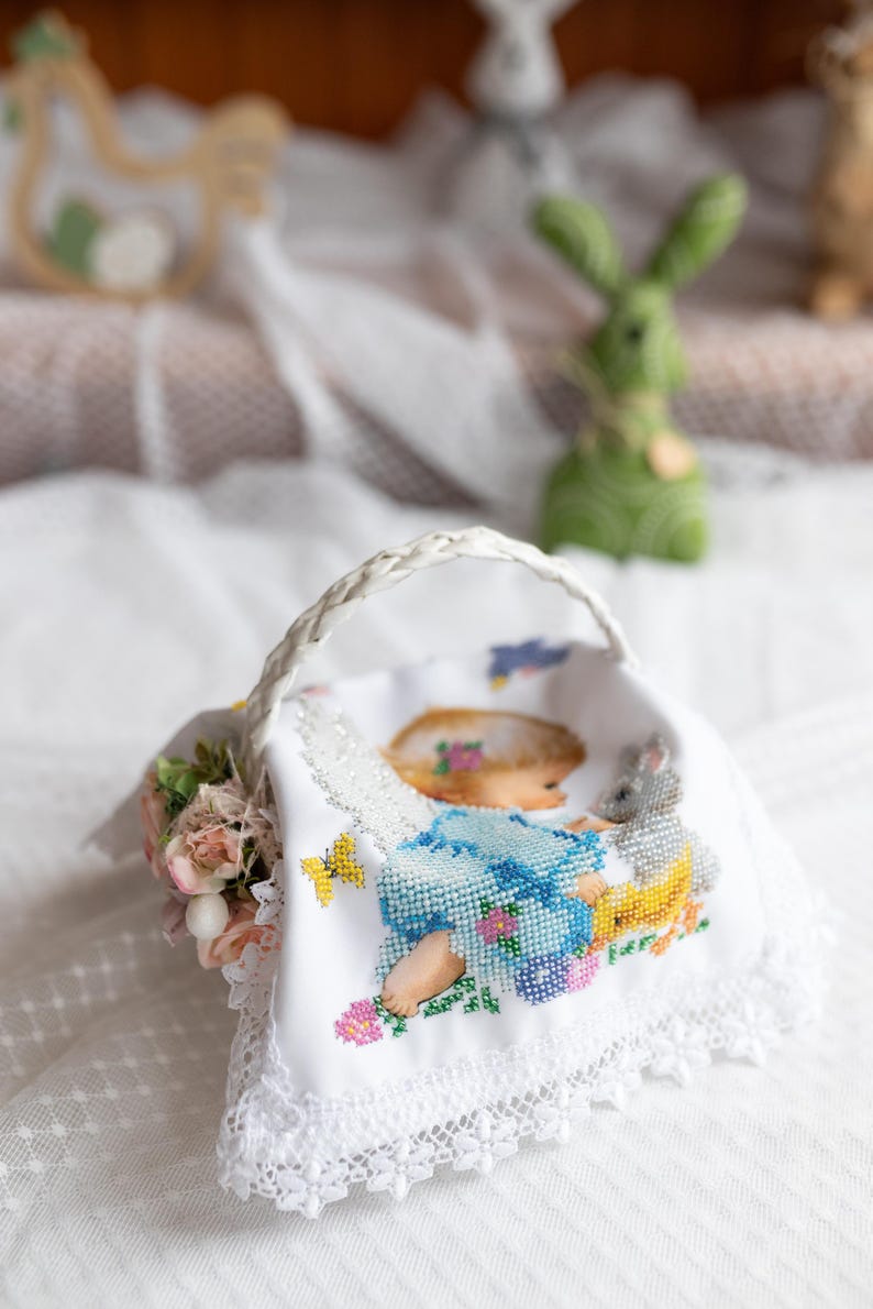 Beaded Angel Easter Basket Cover with Bunny and Birds, Handmade Cloth with Seed Bead Embroidery, Christian Holiday Blessing Decoration