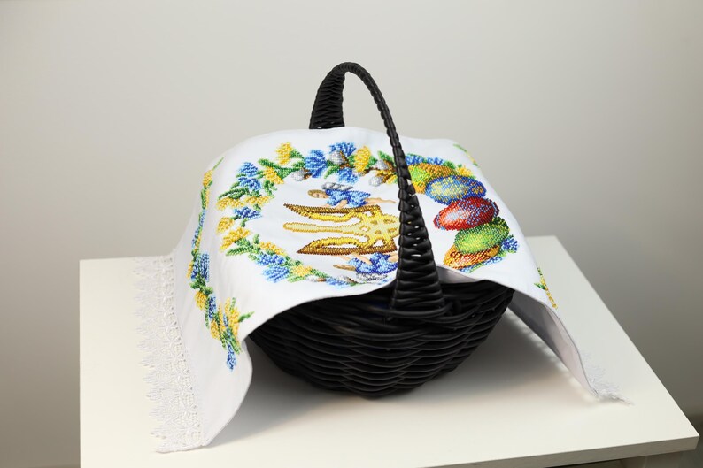 Ukrainian beaded Easter basket cover with trident & angels