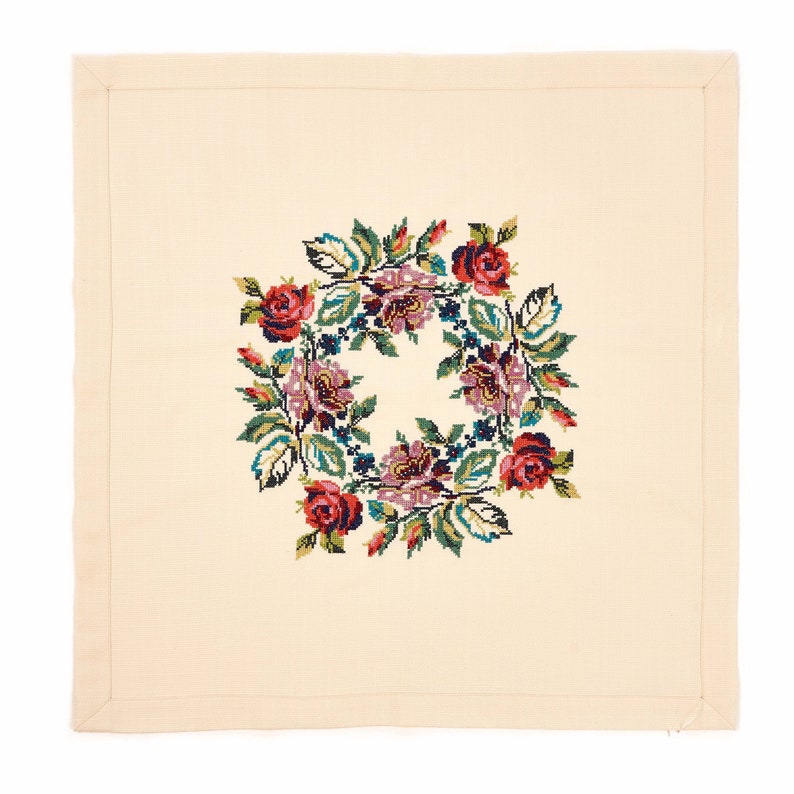 Vintage Style Floral Napkin with Printed Cross Stitch Pattern
