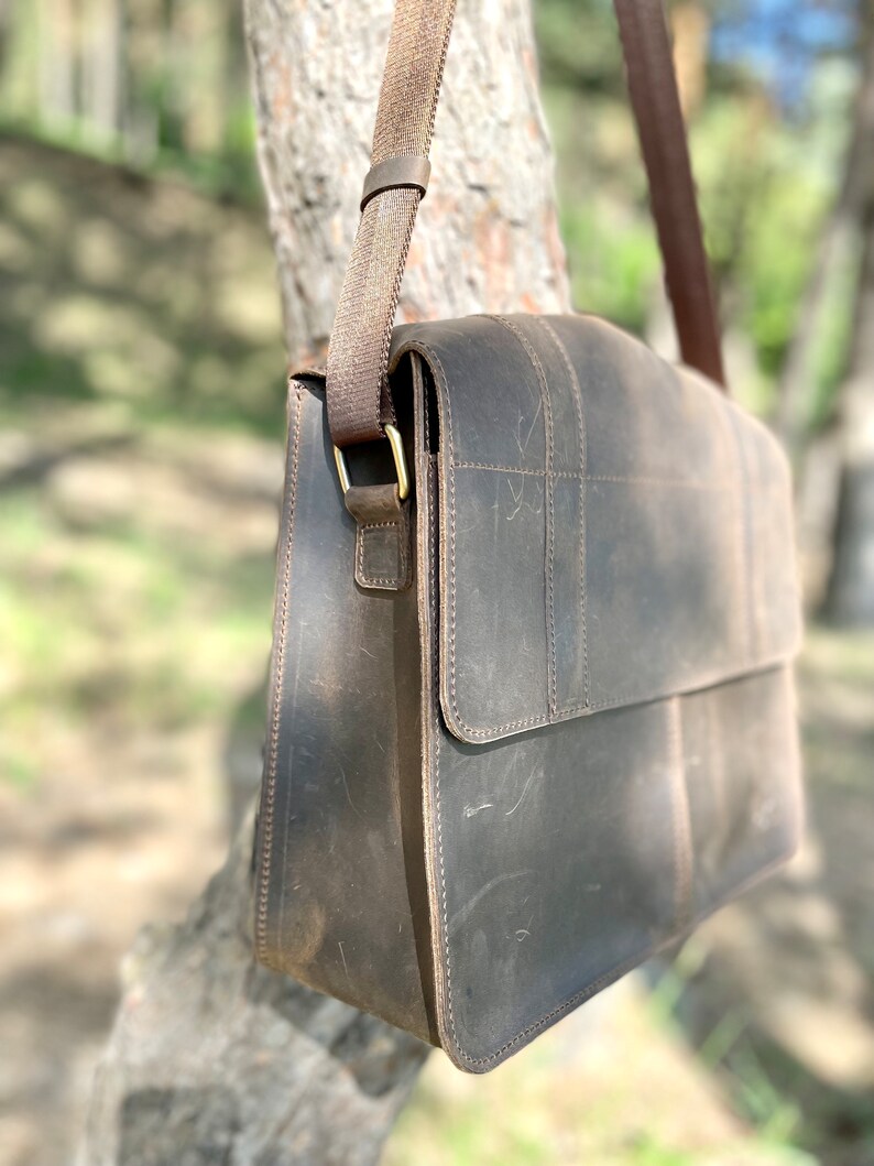 Distressed Leather Messenger Bag, Brown Leather Crossbody Bag, Vintage Shoulder Satchel, Handmade Rustic Laptop Bag