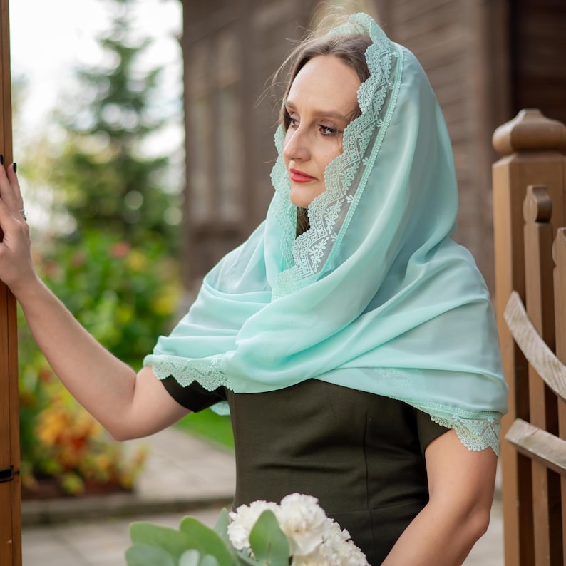 Mint green lace chapel veil