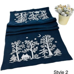 Magenta Linen Table Runner with Winter Cottage Moon Embroidery, Christmas Table Center Topper, Handmade Holiday Dining Decor Gift Accent Style 2 (Blue)