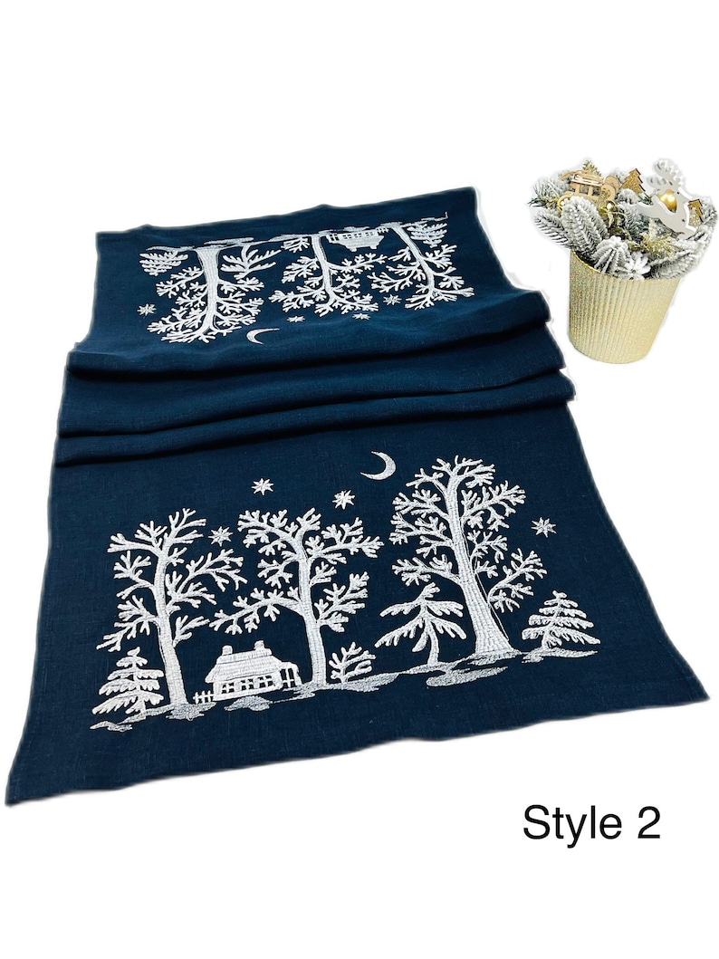 Magenta Linen Table Runner with Winter Cottage Moon Embroidery, Christmas Table Center Topper, Handmade Holiday Dining Decor Gift Accent Style 2 (Blue)