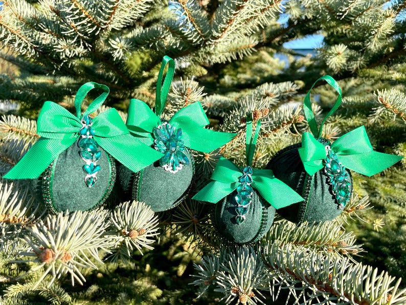 Set of green handmade Christmas tree decorations
