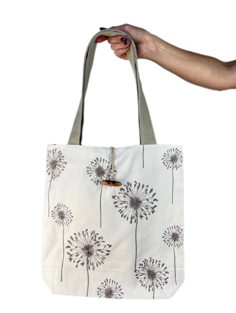 Linen tote bag with dandelion print and wooden button