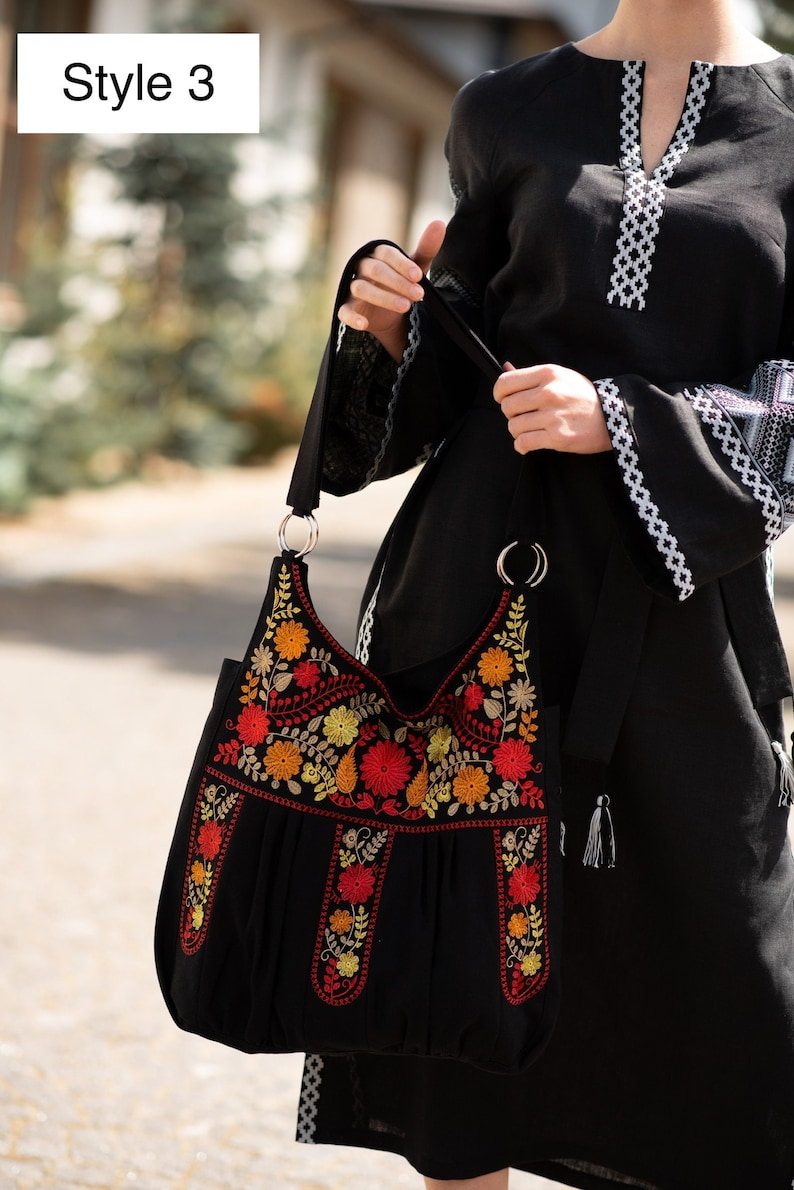 Black linen embroidered bag