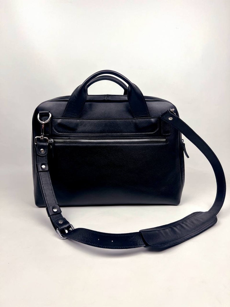 Handmade Black Leather Weekender / Work Bag – Wide-Mouth Zip, Removable Shoulder Strap, Minimalist Travel Duffel, Gift for Him
