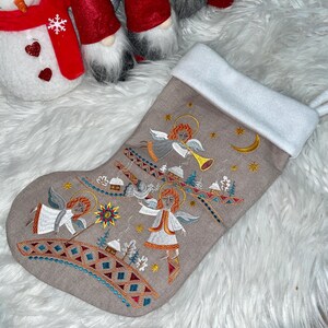 Embroidered Christmas stocking with angels folk nativity design, Fabric holiday stocking with traditional pattern, Festive home decor