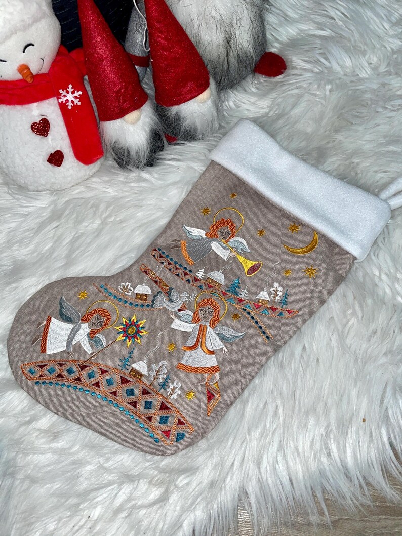Embroidered Christmas stocking with angels folk nativity design, Fabric holiday stocking with traditional pattern, Festive home decor