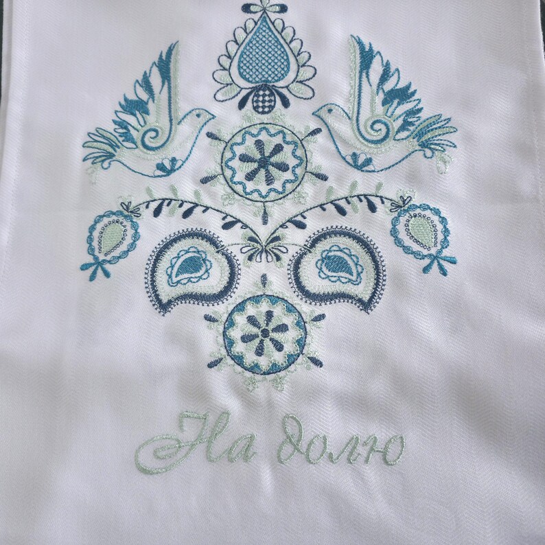 Embroidered towel with folk bird motif, White ukraine hand towel with blue ornament