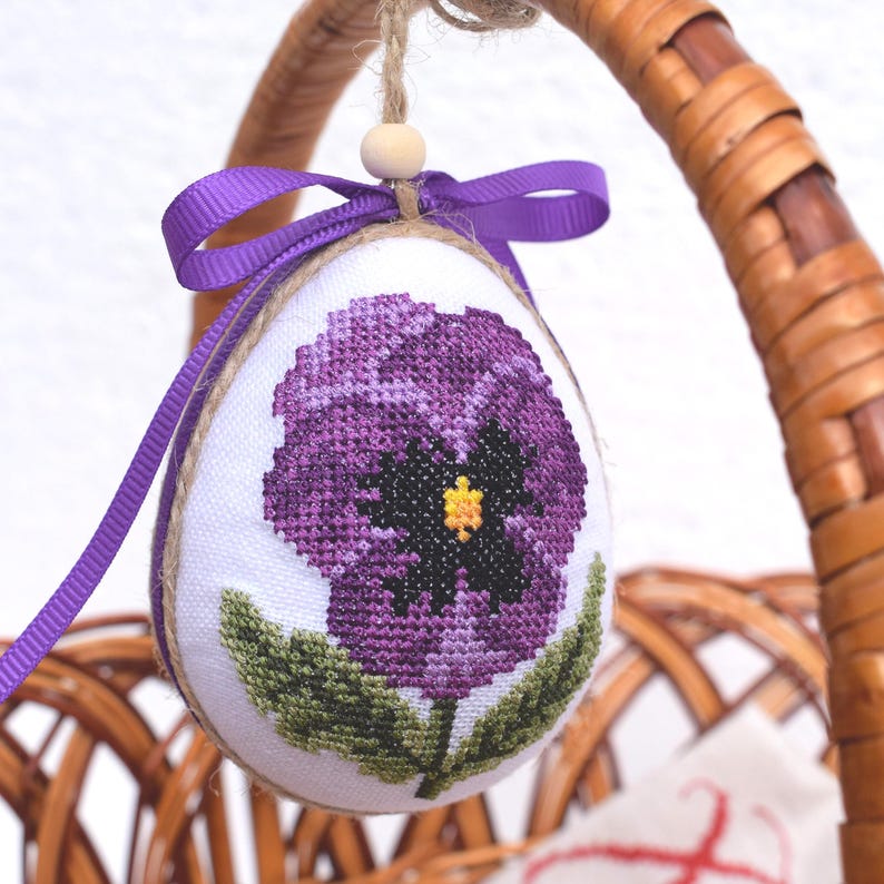 Handmade embroidered pansy Easter egg ornament