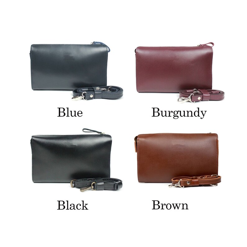 May include: Four leather crossbody bags in different colors: blue, burgundy, black, and brown. Each bag has a zipper closure and an adjustable strap.