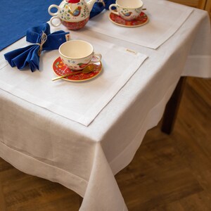 Elegant blue linen table runner for dining table