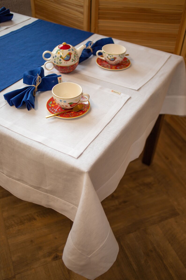 Elegant blue linen table runner for dining table